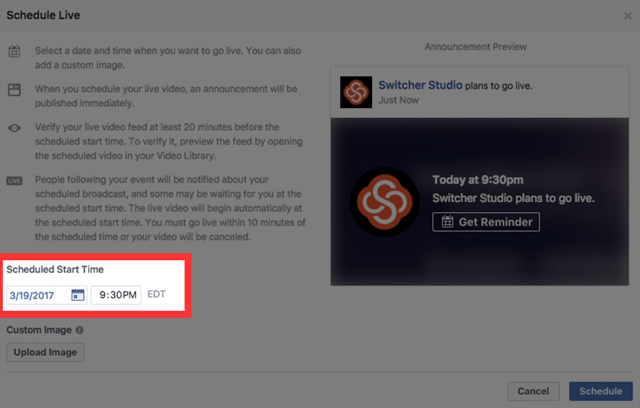 Choose a time to Go Live on Facebook Live