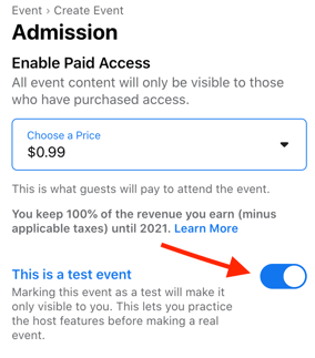 Creating a ticketed event on Facebook.