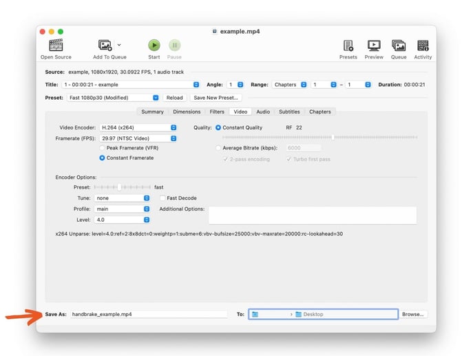 file name and location handbrake video processing