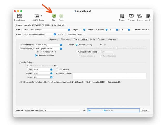 start button handbrake video processing