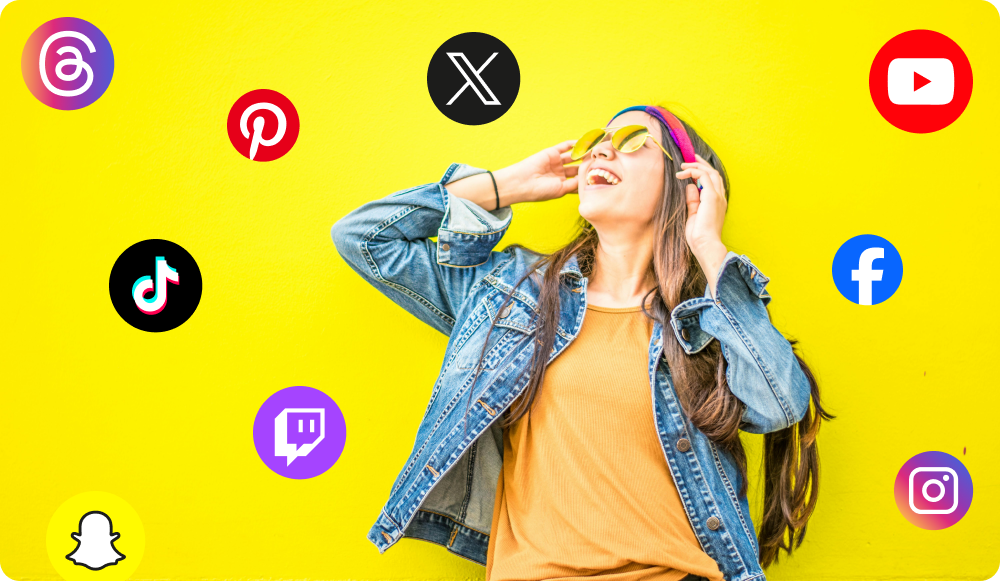 image of woman in colorful clothes laughing in front of social media logos