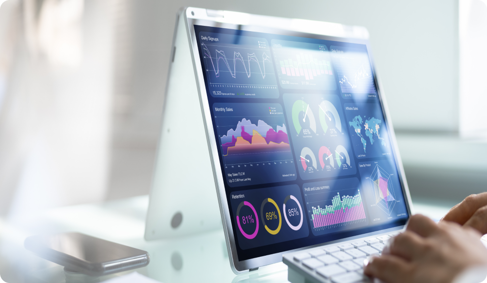 image of a tablet with a colorful video analytics metrics dashboard, showing different graphs