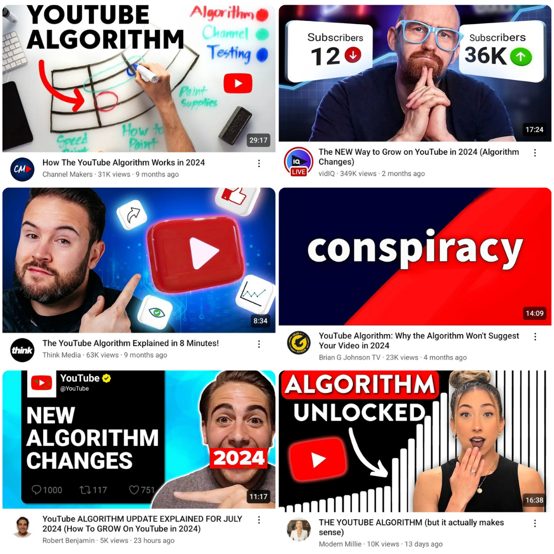collage showing youtube videos about the algorithmdeos algorithm