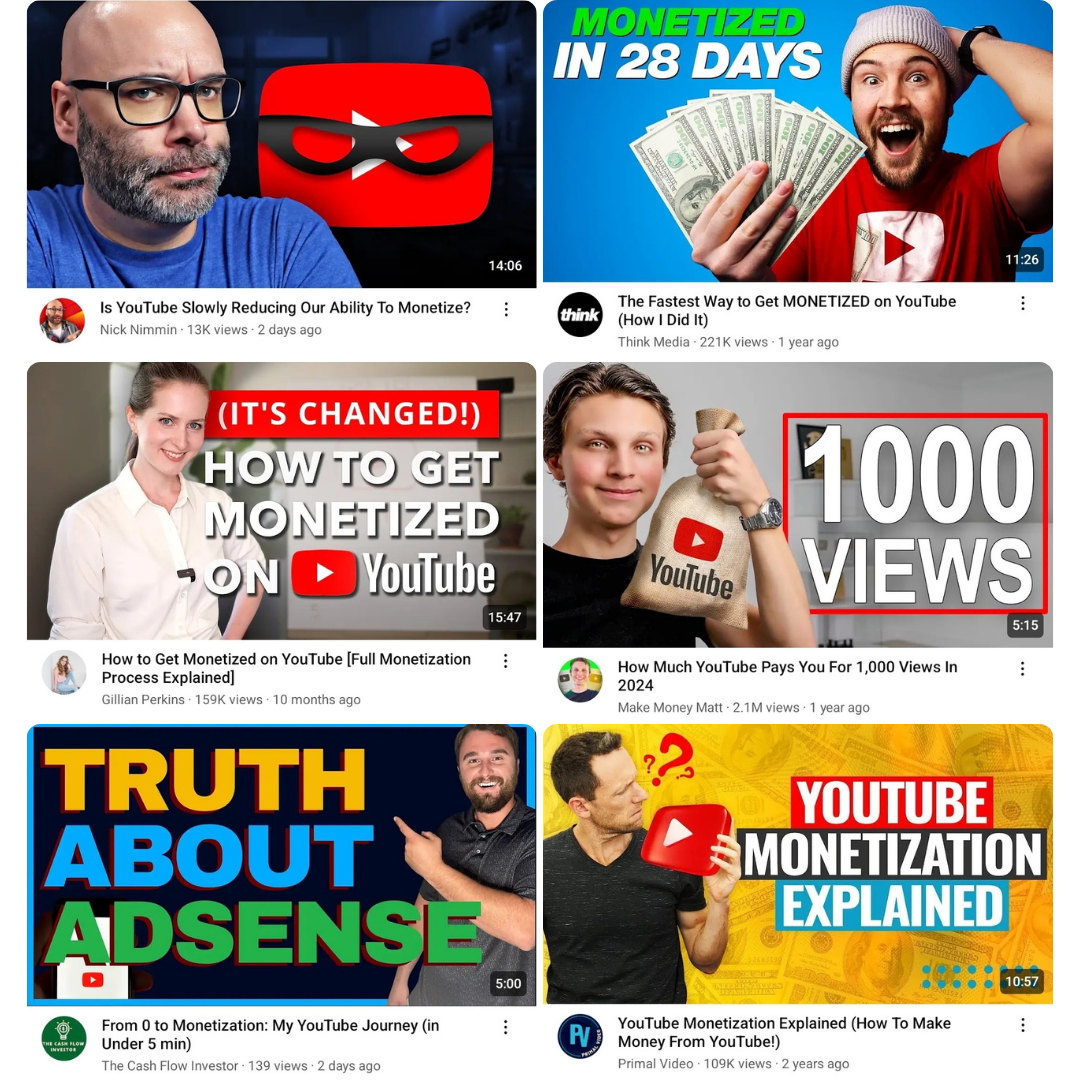 collage showing youtube videos about monetization