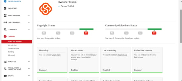 Channel tab of YouTube Studio